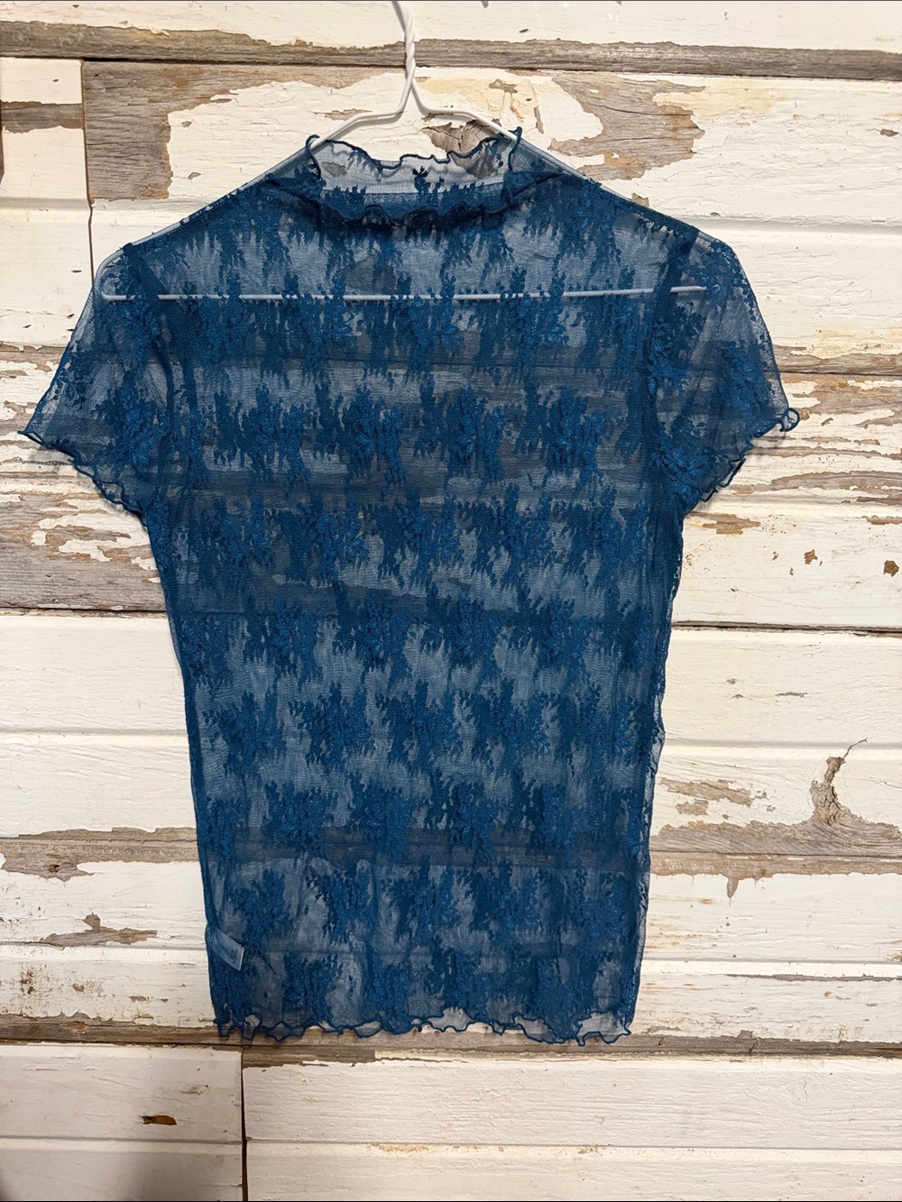 Zenana Outfitters Teal Lace Sheer Mock Neck Tee